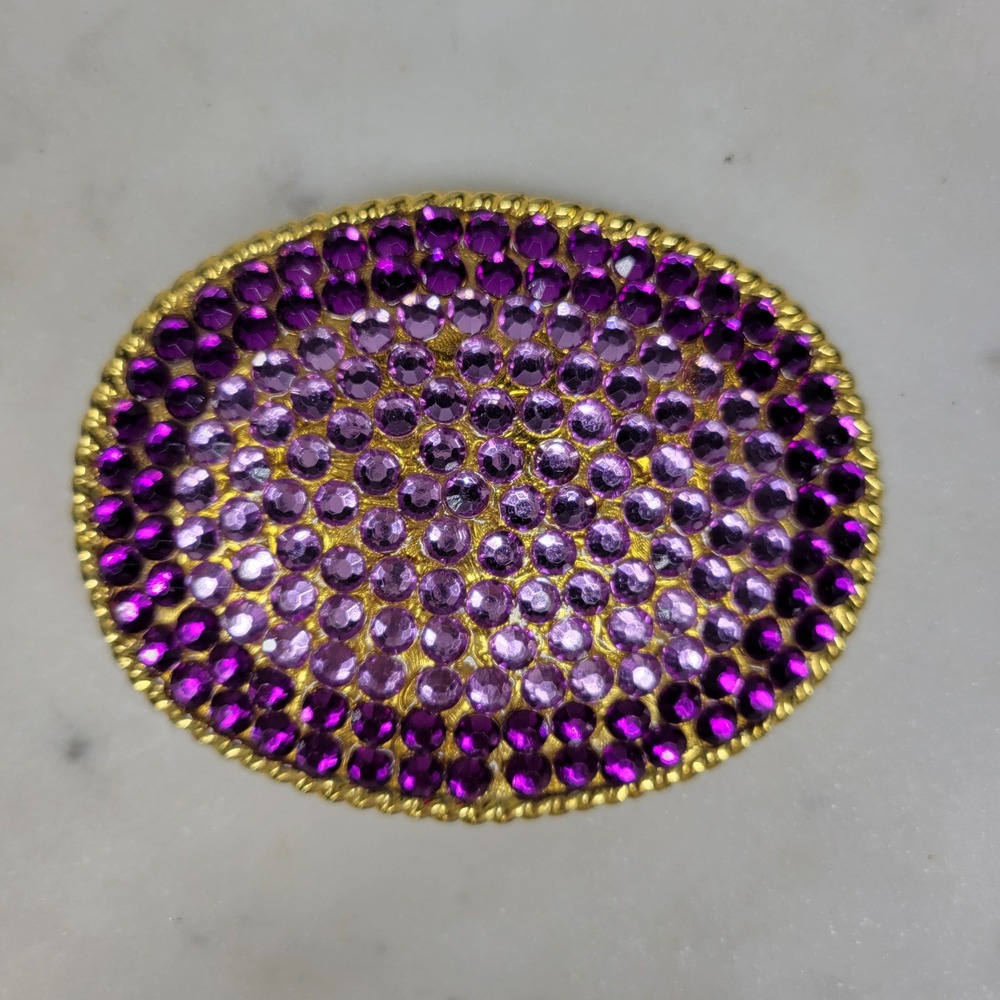 Vintage 1995 Rhinestone Belt Buckle Purple Gold Tone Oval Rope Border Y2K Retro